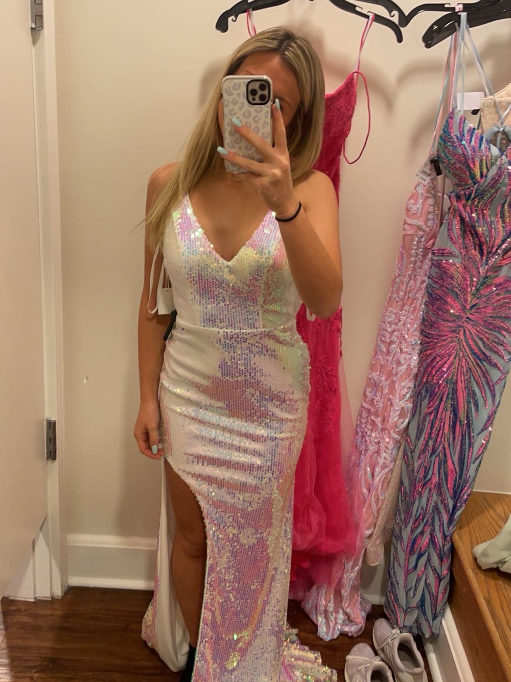 Iridescent Sequin V-Neck Evening Gown - White/Pink